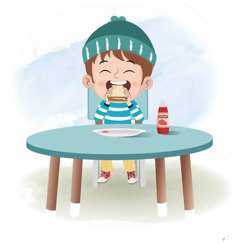 A little boy animated cartoon character sitting at a table and eating a sandwich aka ari