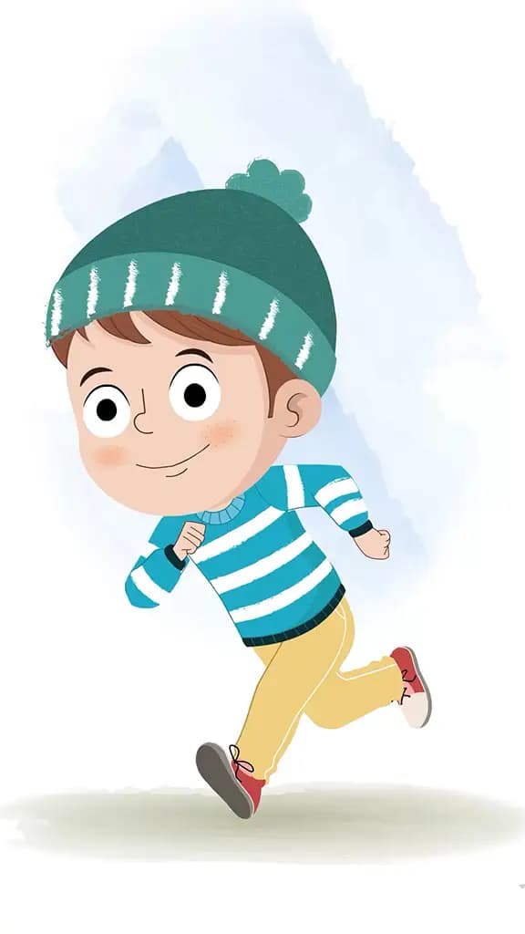 A little boy running three quarter view animated cartoon character aka ari 3/4