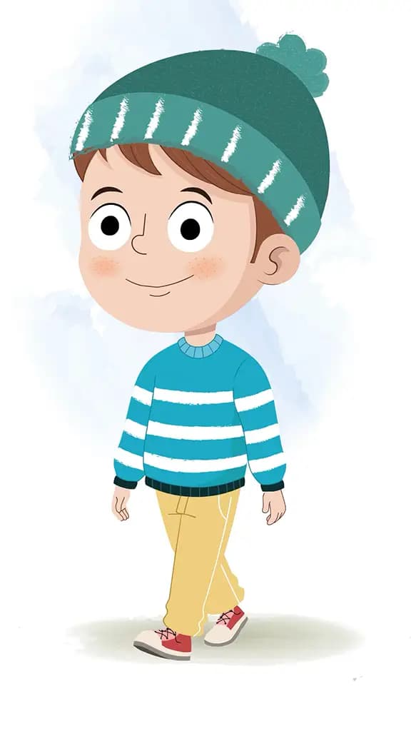 A little boy 3/4 front view/three quarter view walking animated cartoon character aka ari 3/4