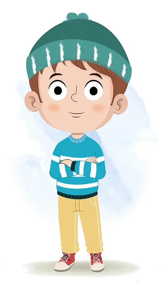 A little boy standing with cross hand and talking animated cartoon character aka ari