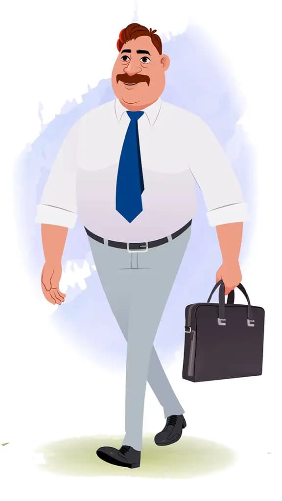 An Indian business man 3/4 front view/three quarter view walking animated cartoon character aka Mr. Parker 3/4