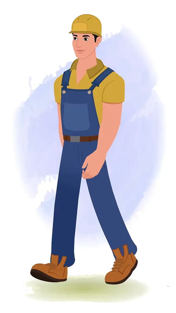 A handyman 3/4 front view/three quarter view walking animated cartoon character aka Mr.Bennet 3/4