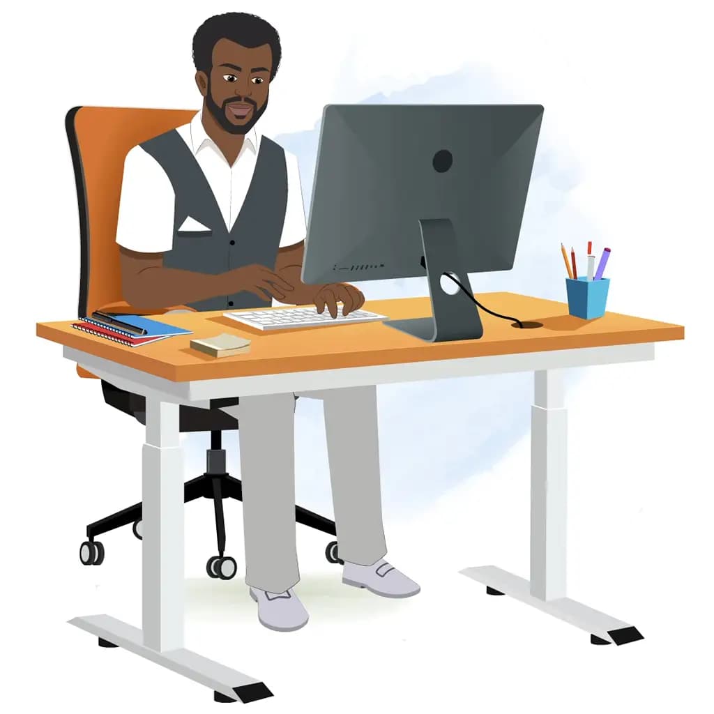 A black businessman animated cartoon character working on a computer aka Aston