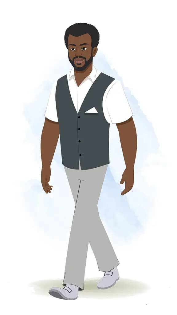 A black businessman 3/4 front view/three quarter view walking animated cartoon character aka Aston