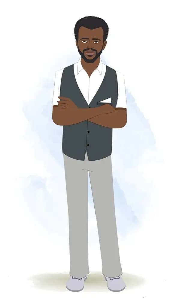 An annoyed black businessman animated cartoon character aka Aston