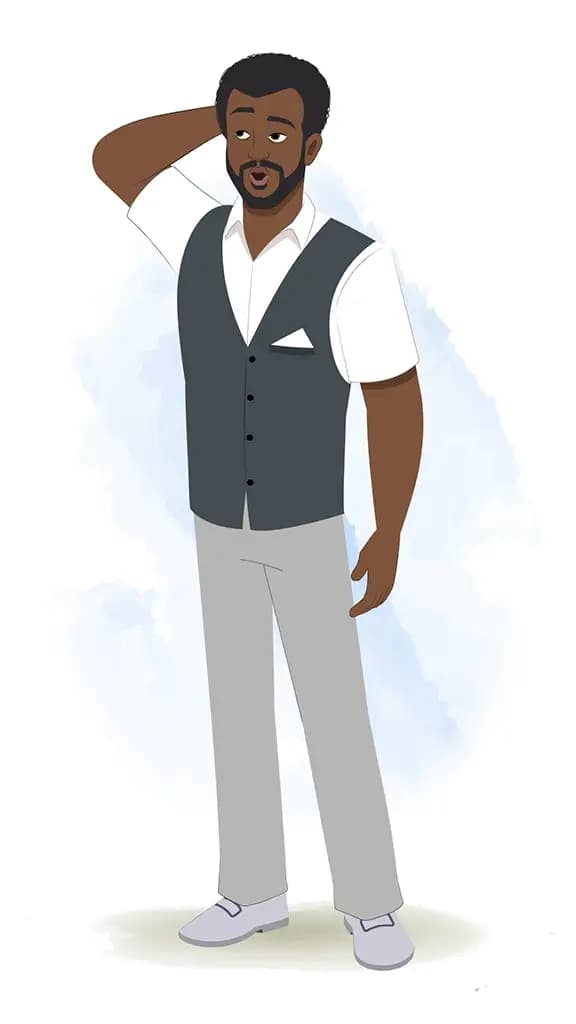 A confused black businessman animated cartoon character aka Aston 3/4