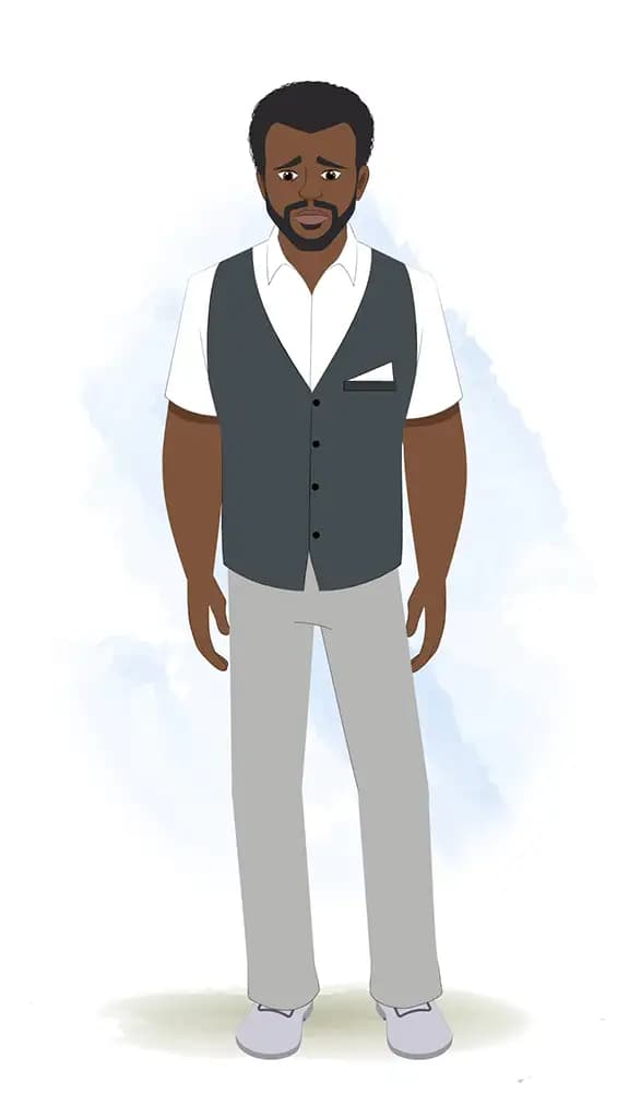 A black businessman sad animated cartoon character aka Aston