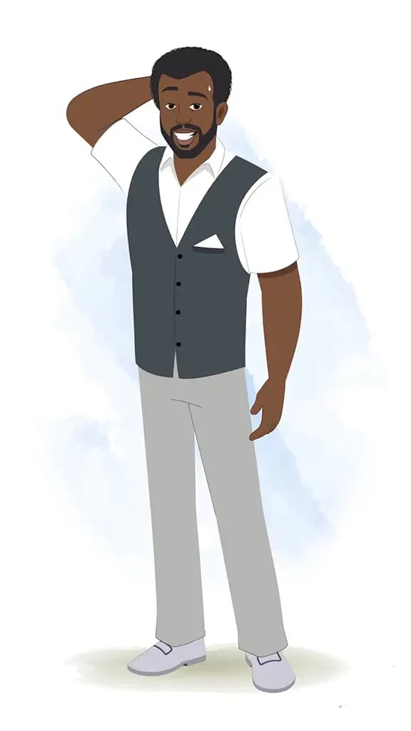 A nervous black businessman animated cartoon character aka Aston 3/4