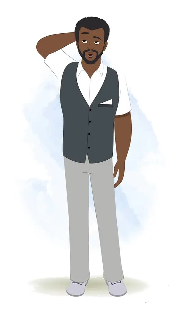A confused black businessman animated cartoon character aka Aston
