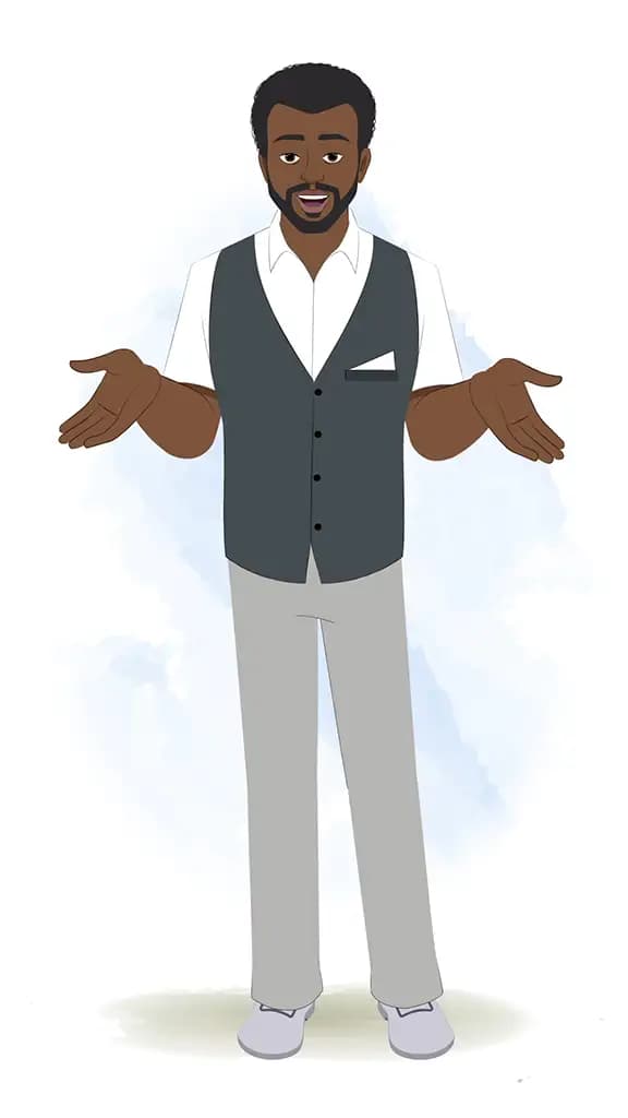 A black businessman talking animated cartoon character aka Aston