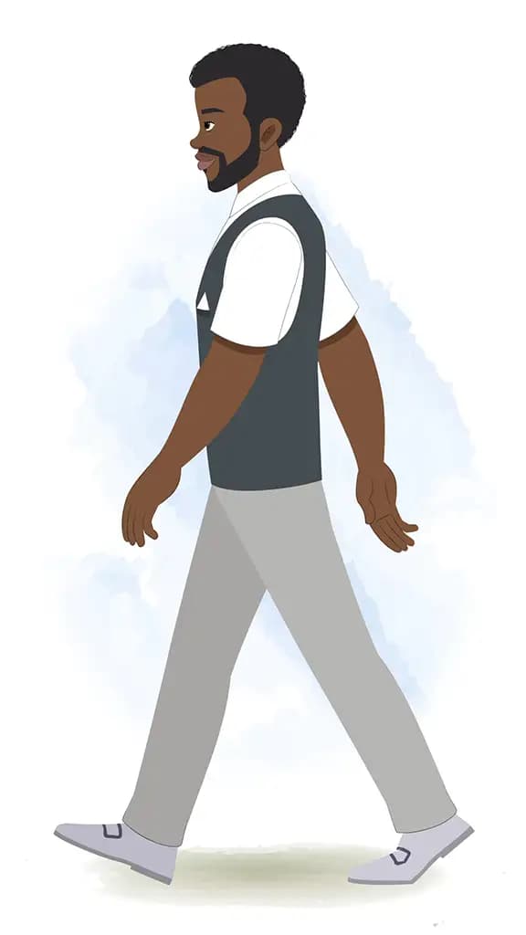 A black businessman walking side view animated cartoon character aka Aston