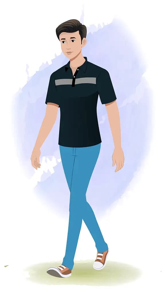 A man 3/4 front view/three quarter view walking animated cartoon character aka Henry