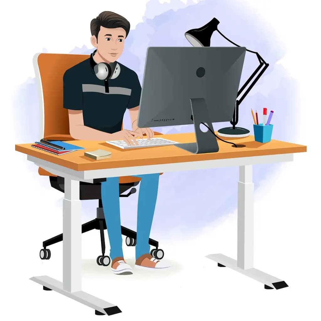 A man animated cartoon character working on a computer aka Henry