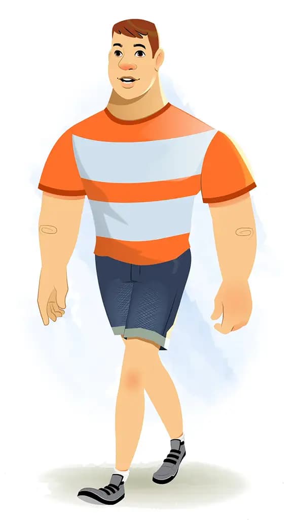 A muscular man 3/4 front view/three quarter view walking animated cartoon character aka Monty 3/4