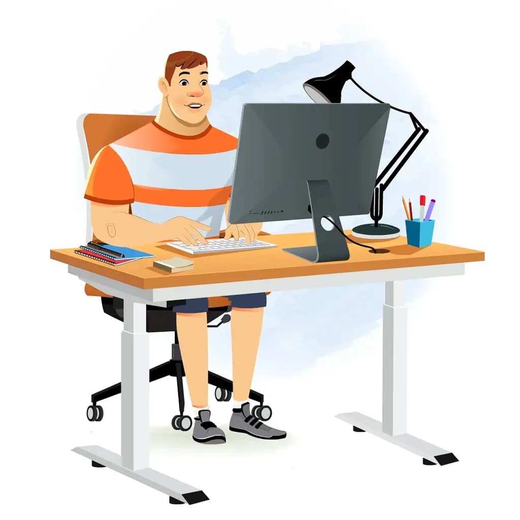 A muscular man animated cartoon character working on a computer aka Monty