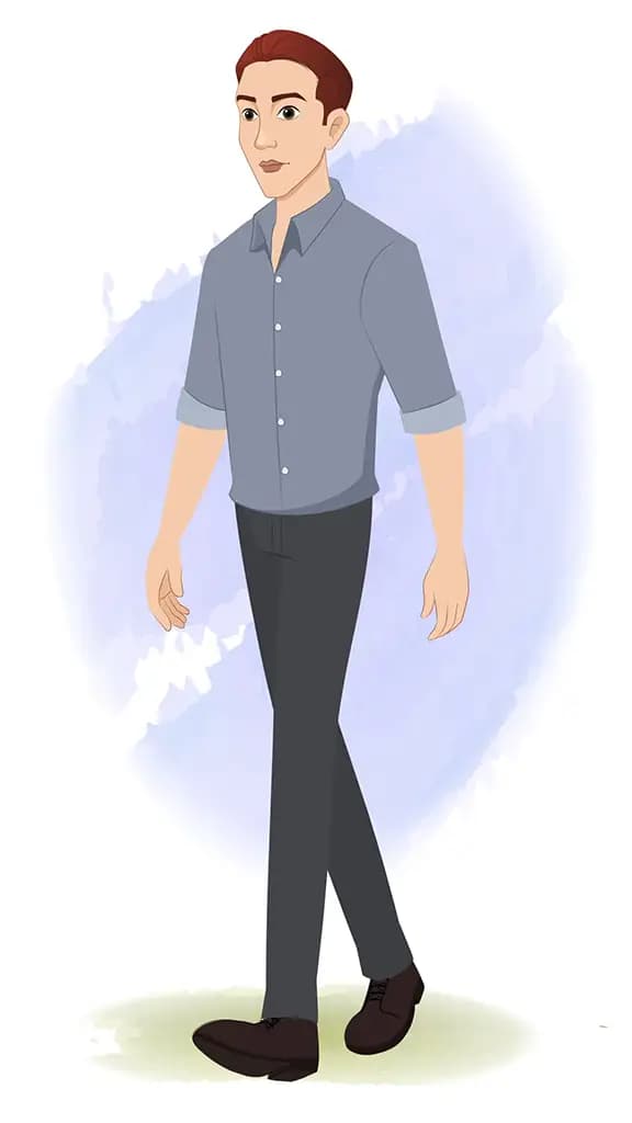 An office Man 3/4 front view/three quarter view walking animated cartoon character aka Yuvi 3/4