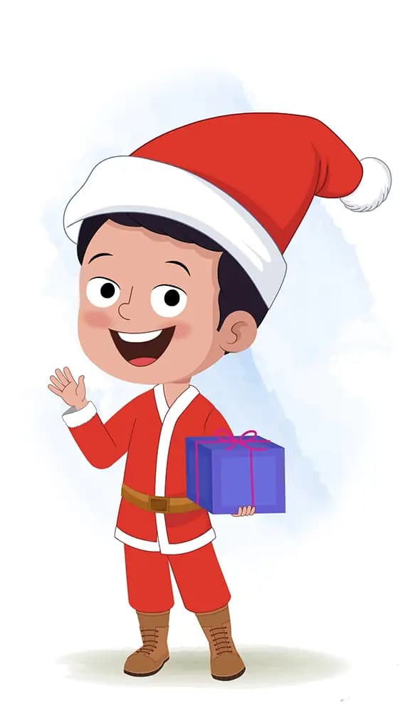 A christmas boy holding a christmas gift and saying hello animated cartoon character aka tim