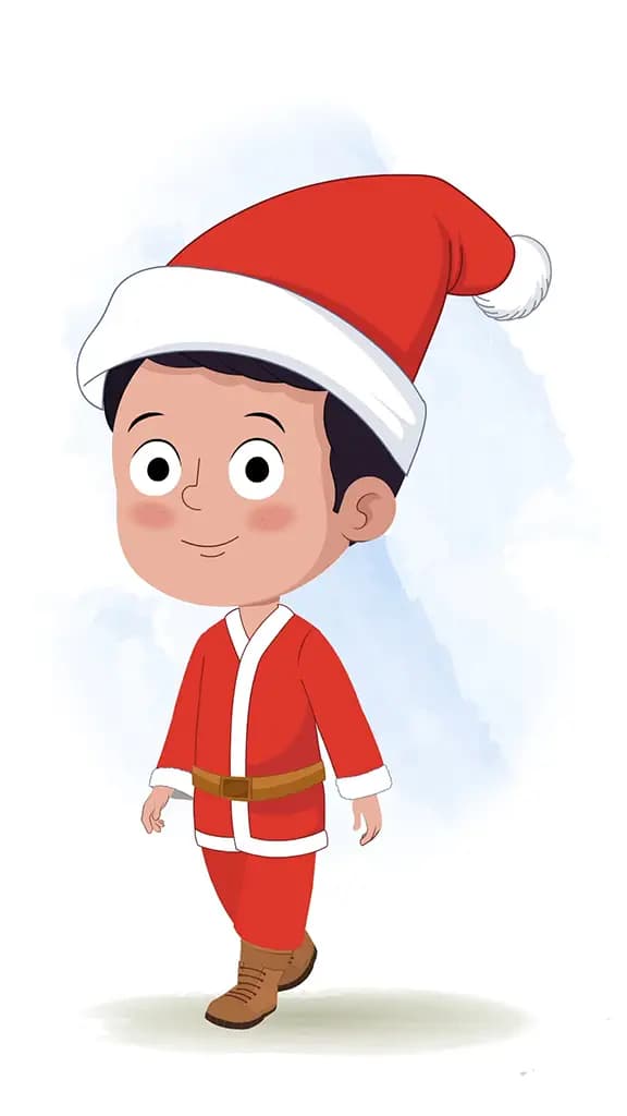 A christmas boy 3/4 front view/three quarter view walking animated cartoon character aka tim