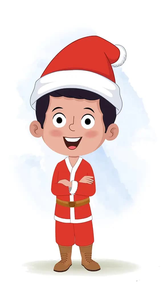 A christmas boy standing with cross hand and talking animated cartoon character aka tim