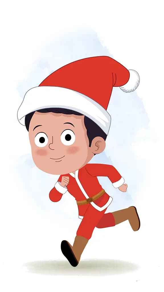 A christmas boy running three quarter view animated cartoon character aka tim