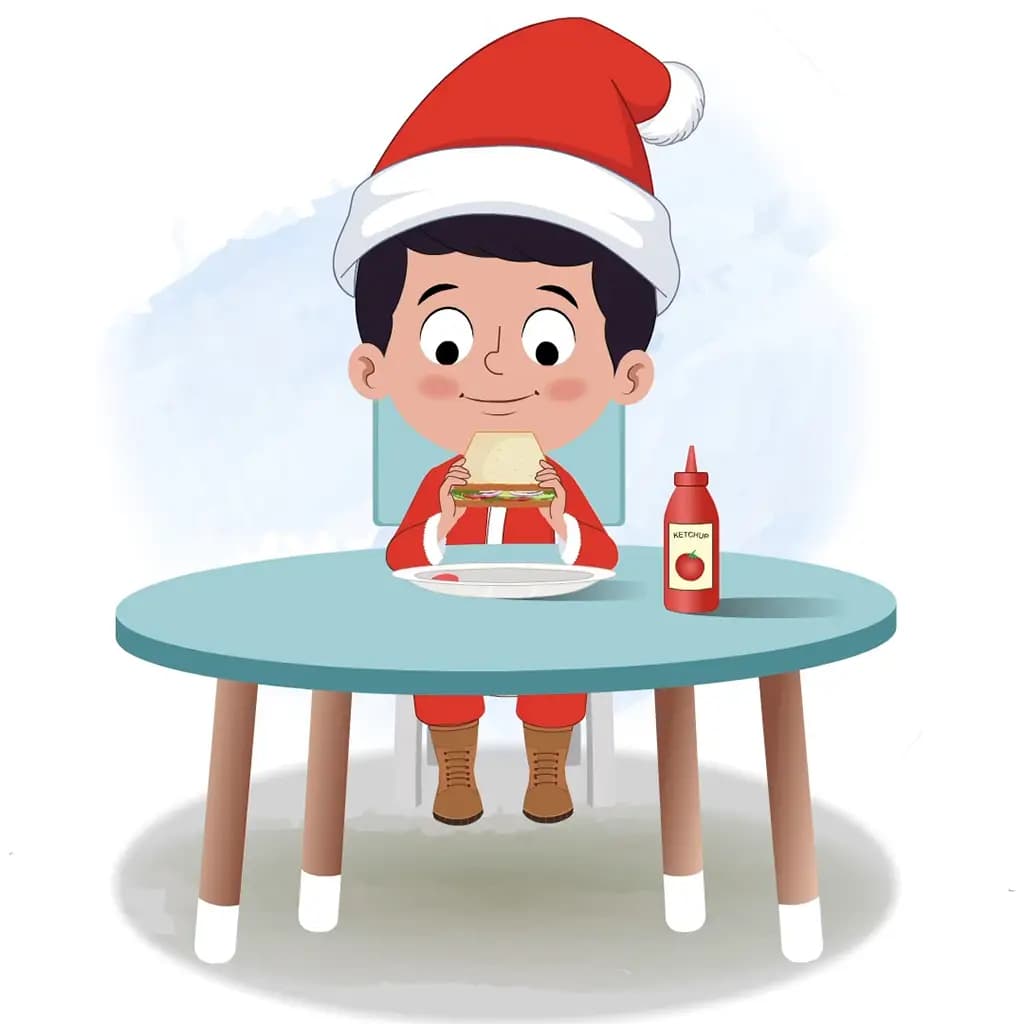 A christmas boy animated cartoon character sitting at a table and eating a sandwich aka tim