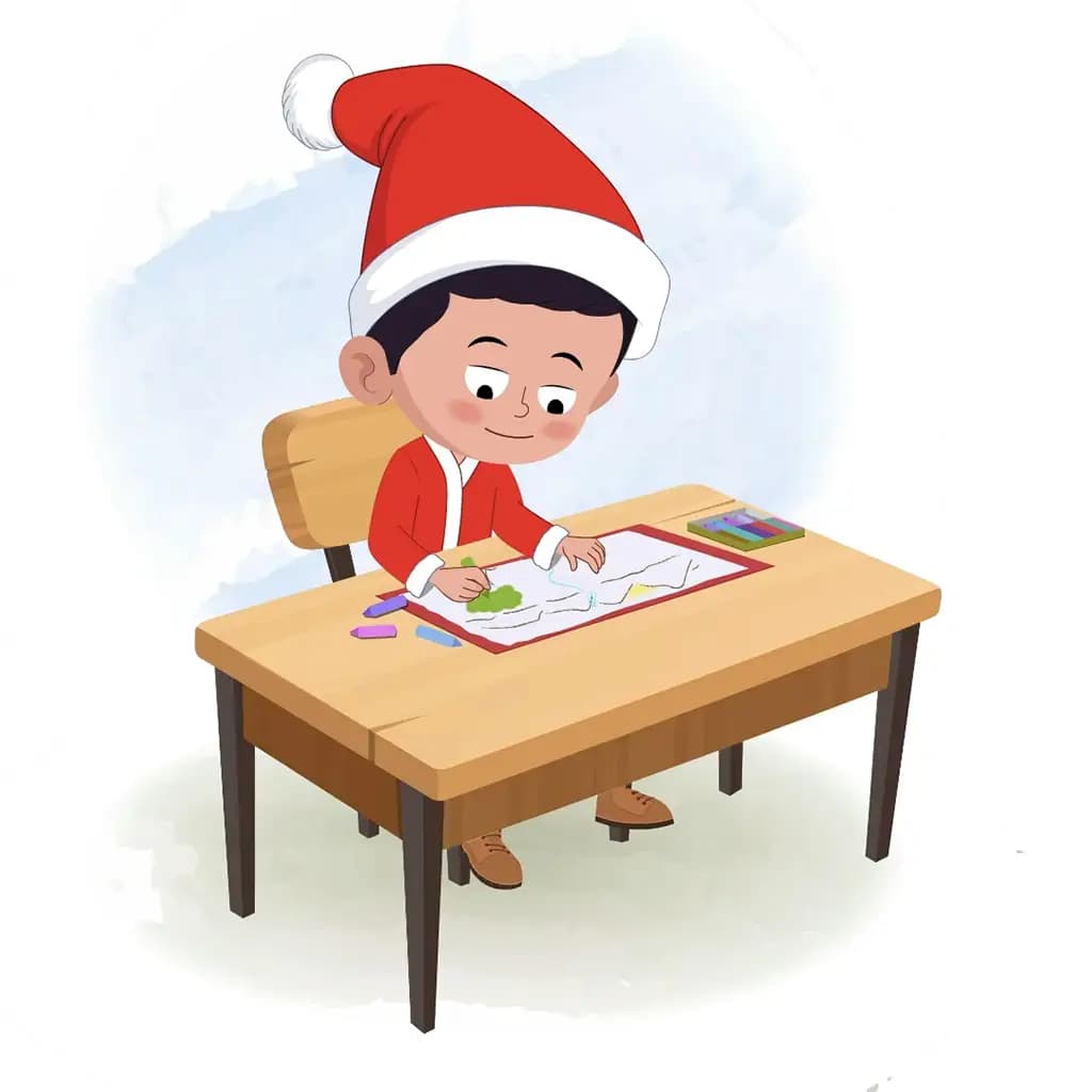 A christmas boy is sitting at a table with some crayons and coloring on the paper aka tim