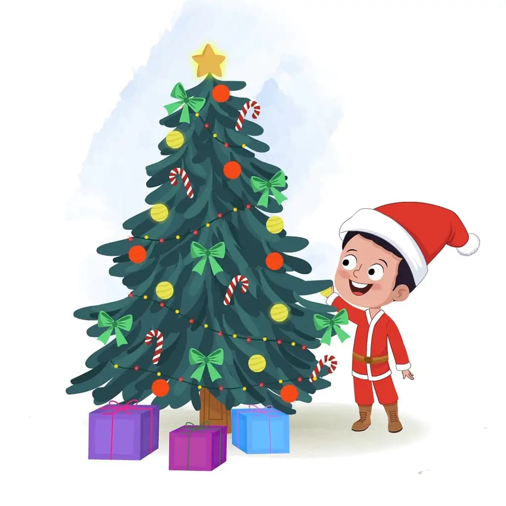 A christmas boy decorates the christmas tree animated cartoon character aka tim