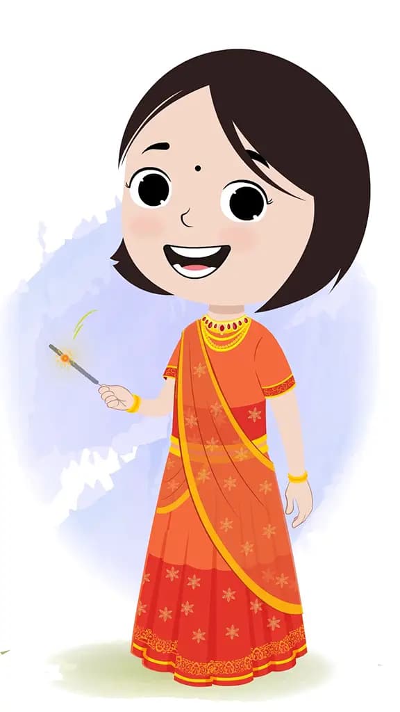 An Indian girl celebrating diwali festival with sparkle animated cartoon character aka tia
