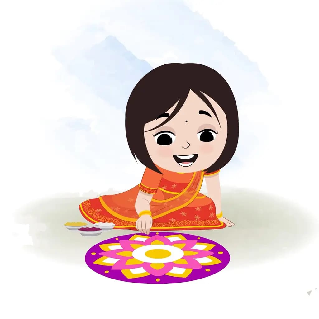 An Indian girl making rangoli animated cartoon character aka tia