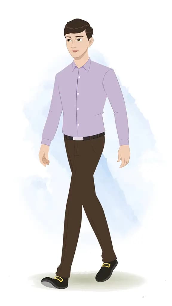 A businessman 3/4 front view/three quarter view walking animated cartoon character aka joseph