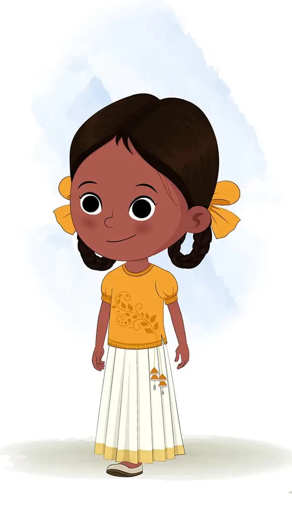 A little girl 3/4 front view/three quarter view walking animated cartoon character aka tara