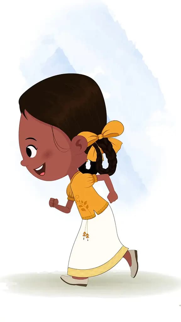 an Indian girl side running animated cartoon character aka tara