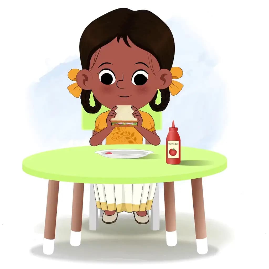 A little girl animated cartoon character sitting at a table and eating a sandwich aka tara