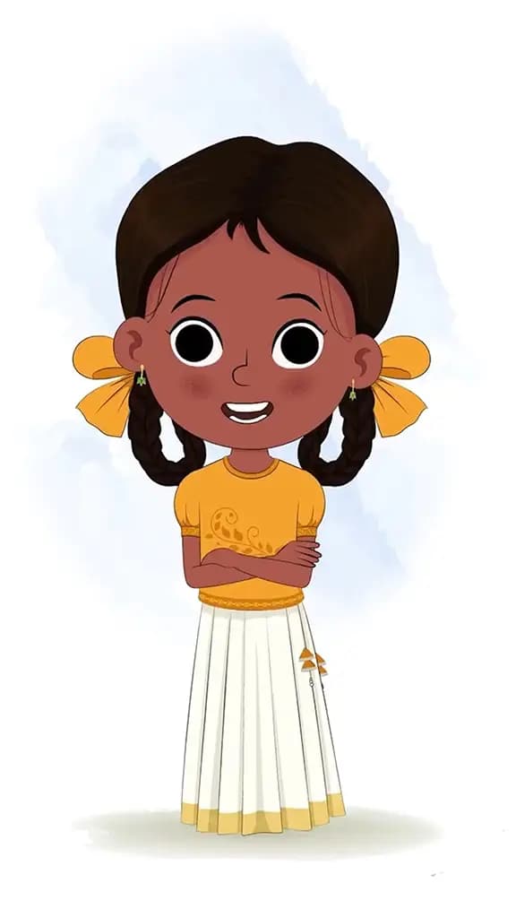 A little girl standing with cross hand and talking animated cartoon character aka tara