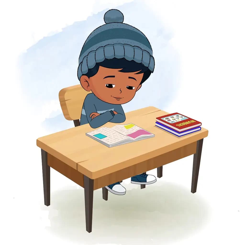 A little boy reading a book and sitting on the table animated cartoon character aka arun