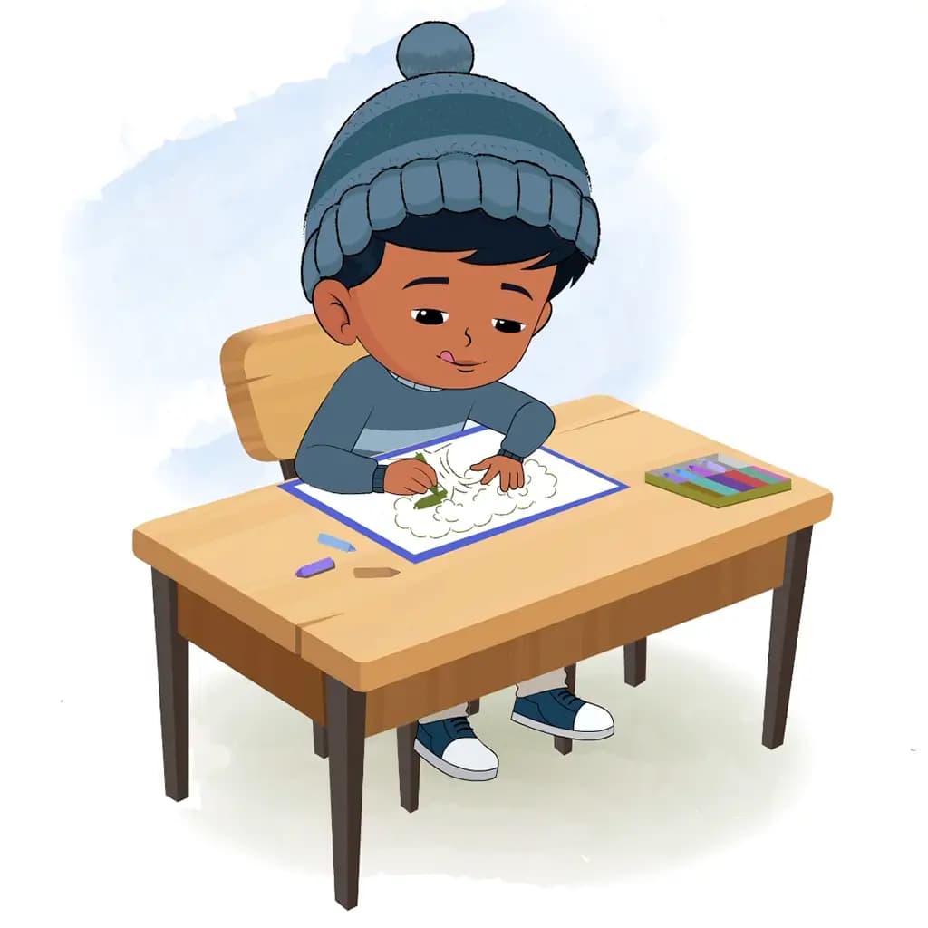 A little boy is sitting at a table with some crayons and colouring on the paper aka arun