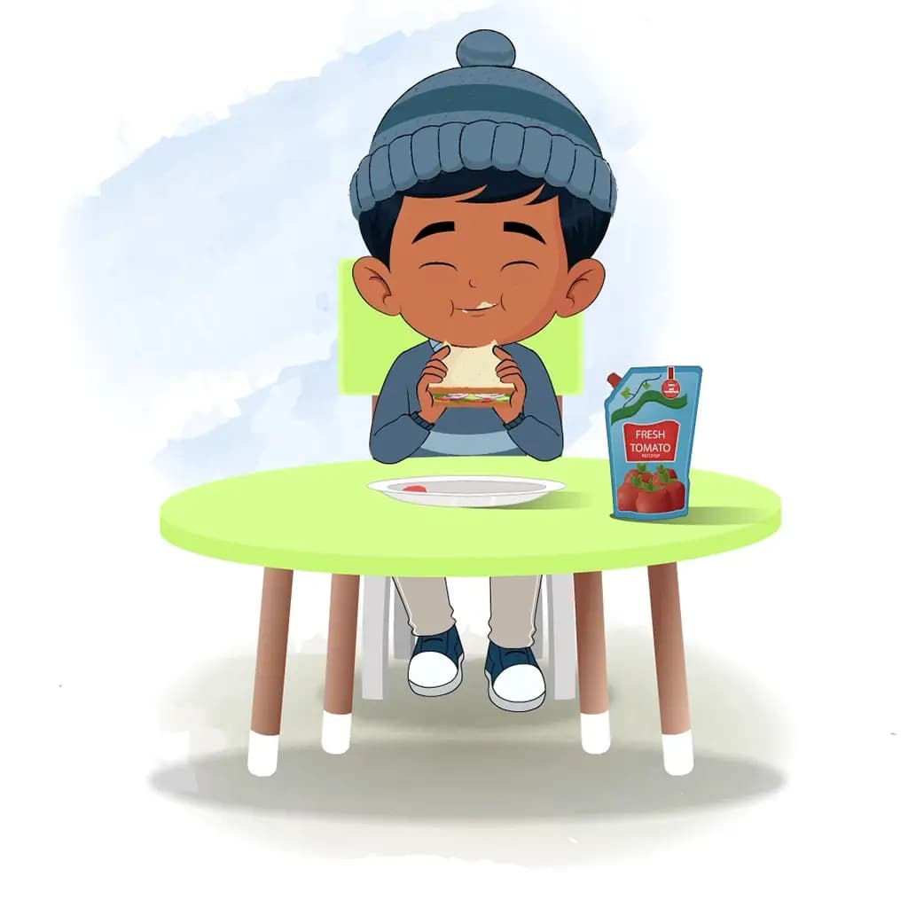 A little boy animated cartoon character sitting at a table and eating a sandwich aka arun