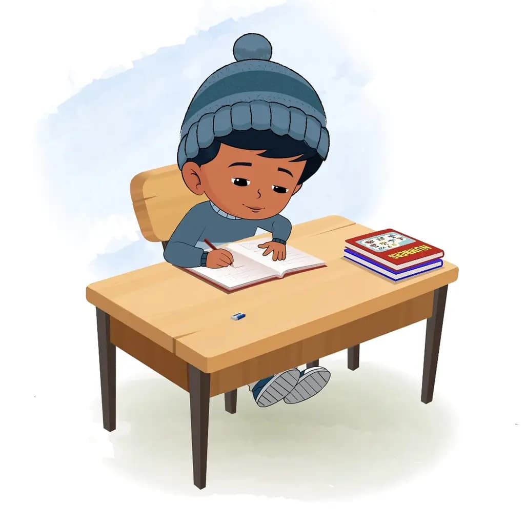 A little boy doing homework and sitting on the table animated cartoon character aka arun