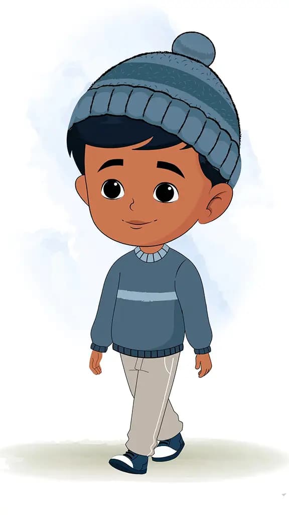 A little boy 3/4 front view/three quarter view walking animated cartoon character aka arun 3/4