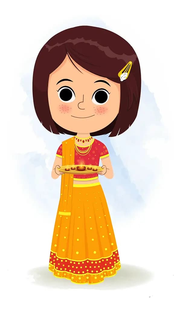 An Indian girl in traditional clothes holding worship plate on diwali animated cartoon character aka misti