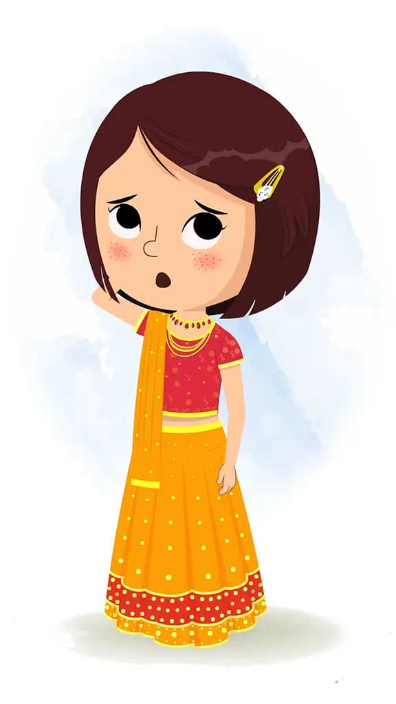 A confused Indian girl in traditional clothes animated cartoon character aka misti 3/4