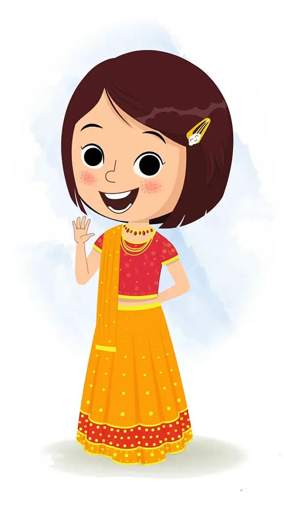 An Indian girl in traditional clothes saying hello animated cartoon character aka misti