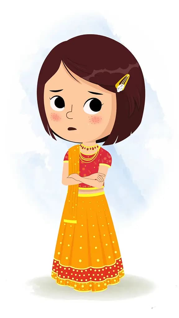 An annoyed Indian girl in traditional clothes animated cartoon character aka misti 3/4