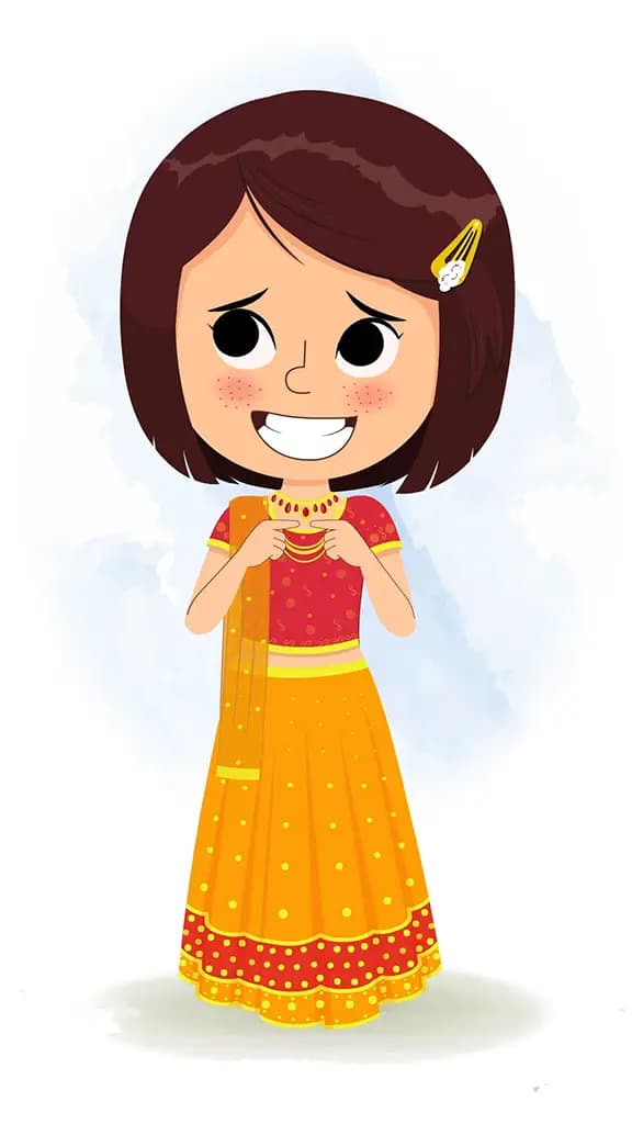 A nervous Indian girl in traditional clothes animated cartoon character aka misti