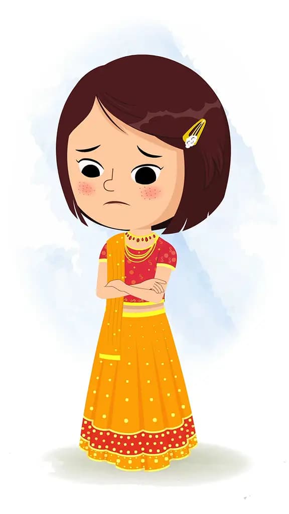 An Indian girl in traditional clothes sad animated cartoon character aka misti 3/4