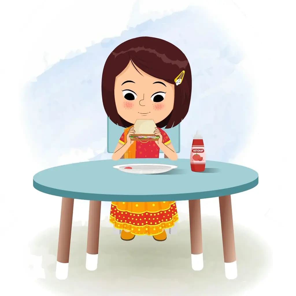 An Indian girl in traditional clothes animated cartoon character sitting at a table and eating a sandwich aka misti