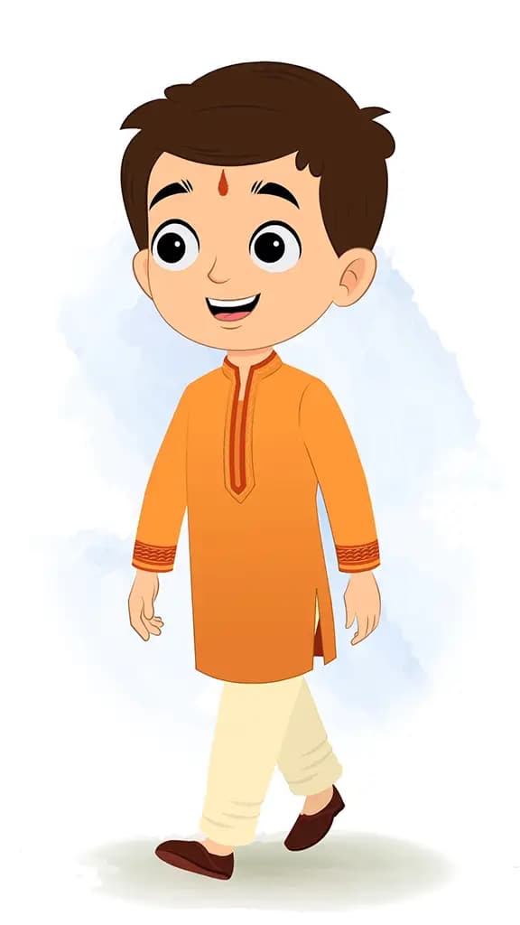 An Indian boy 3/4 front view/three quarter view walking animated cartoon character aka bittu 3/4