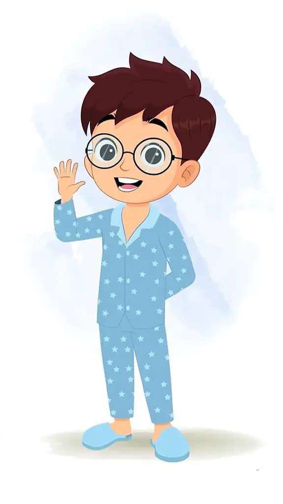 A boy in night dress saying hello animated cartoon character aka harry