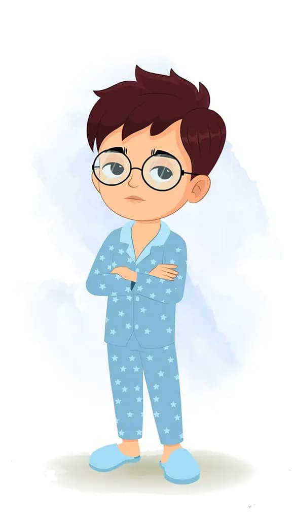 An annoyed boy in night dress animated cartoon character aka harry 3/4