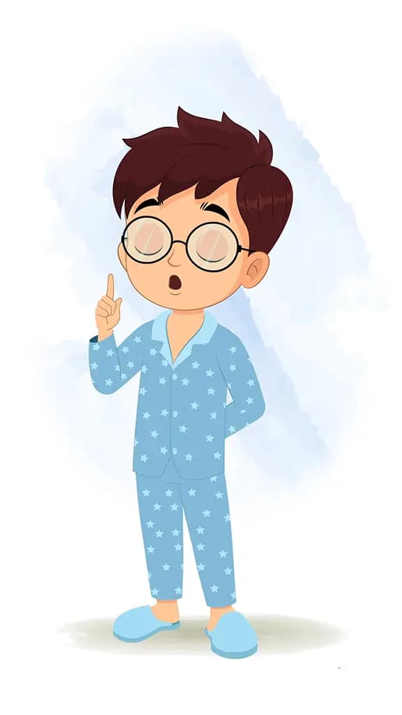 A boy in night dress saying no animated cartoon character aka harry